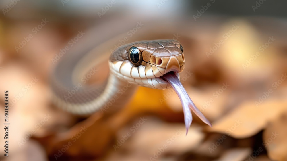 Poster a close-up shot showcases a brown snake with its tongue extended, set against a soft backdrop of blu