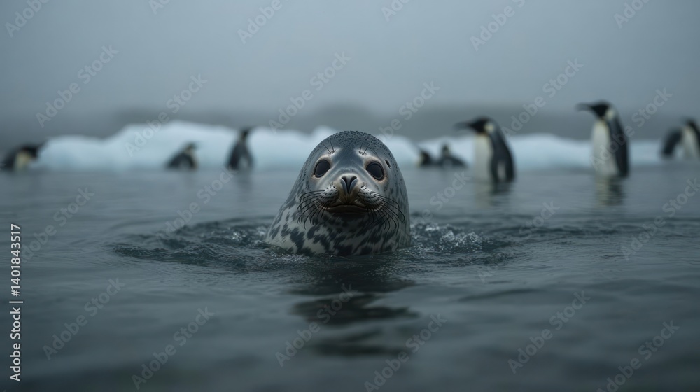 Poster a captivating image captures a seal swimming in dark, chilly waters, with a group of penguins visibl