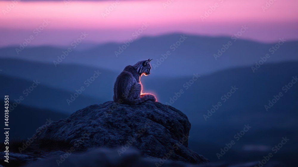Poster a lynx sits atop a rock outcropping as it basks in the glowing warm light of the sunset. the blurred