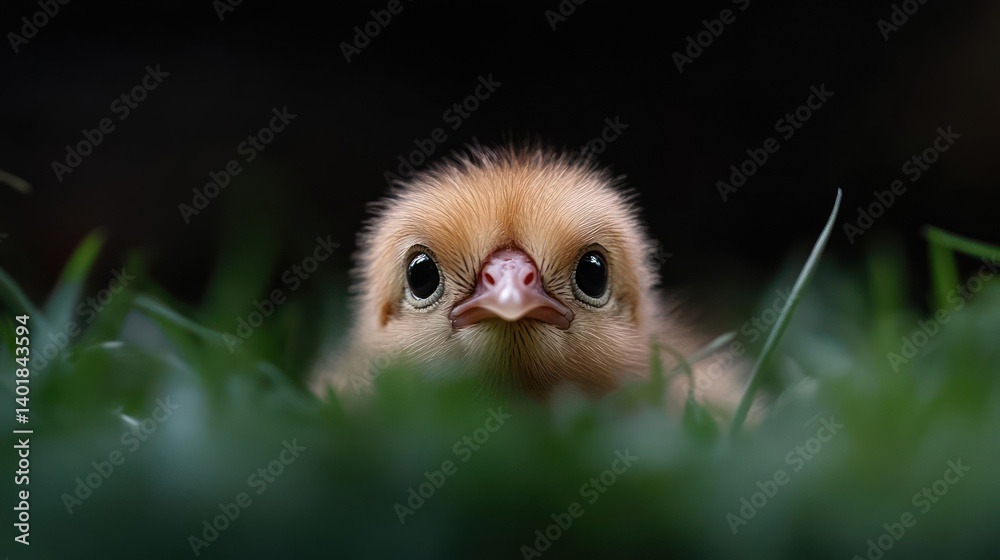 Aufkleber A close-up shot of a tiny brown and beige chick nestled in green grass. The chick's face and eyes are sharp and in focus, creating a warm, intimate wildlife scene with a shallow depth of field