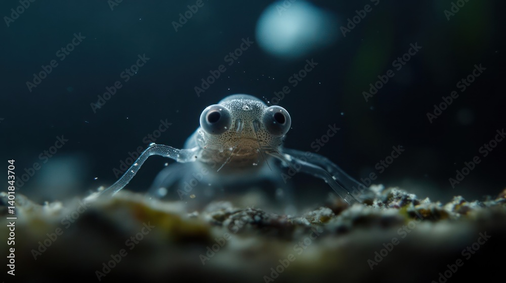Poster detailed close up of a translucent amphibian larva in a natural underwater setting with a soft focus