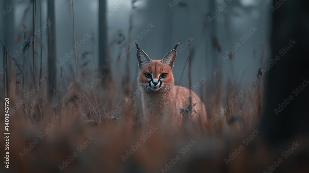 Poster a caracal wild cat crouches in tall grass within a misty forest with the natural habitat in the back