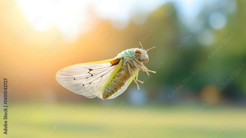 Poster a macro shot captures a green cicada in mid-flight. the insect's wings are spread, dotted with dark 