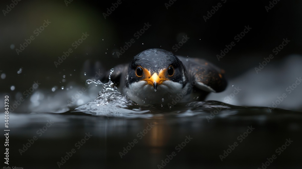 Aufkleber Close-up shot of a small bird with orange beak and speckled feathers splashing in the dark water. The bird faces the camera with intense focus, creating dynamic splash against blurred dark green