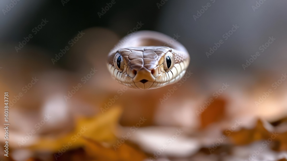 Poster a detailed close-up shot captures a snake's head with its piercing eyes in focus, set against a soft