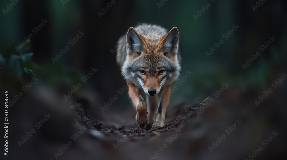 Poster a coyote is walking on a path in a forest. the coyote is the main focus of the image and is walking 