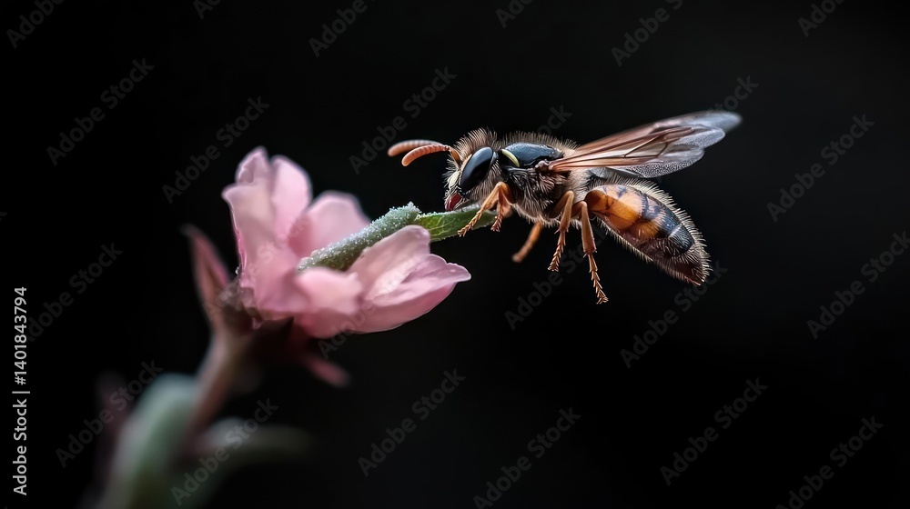 Leinwandbilder detailed macro shot of a golden wasp perched on a delicate pink flower against a stark black backgro