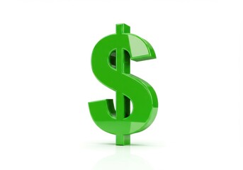 Obraz premium A green dollar sign stands upright on a white surface casting a small shadow underneath it