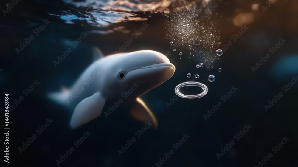Poster Underwater shot of a white beluga whale swimming through the deep ocean water with bubbles rising near its face. The light from above filters through creating a bokeh effect. Close up shot showcasing