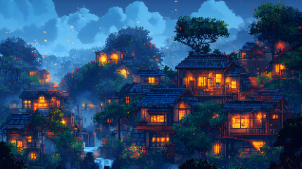 Obraz premium Pixel Art Village at Dusk with Illuminated Houses Under a Misty Sky Surrounded by Lush Trees and Old Architecture