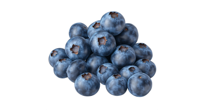 Blueberries in bunch and single with vibrant blue skin, great for antioxidant ads, smoothie packaging or health, isolated on white transparent background PNG cutout Mockup template for artwork design