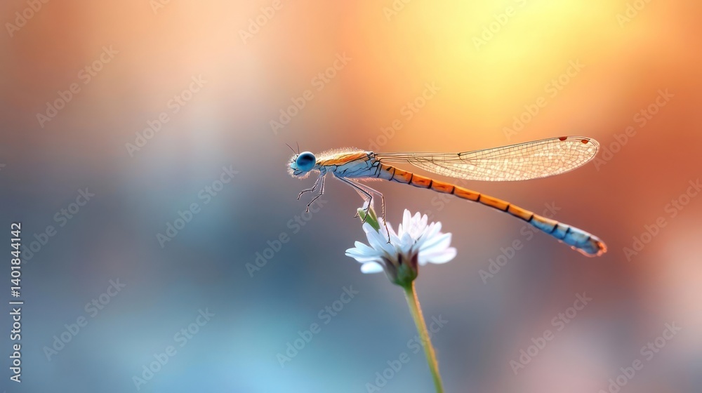 Aufkleber a stunning macro shot of a delicate orange and blue dragonfly perched on a small white flower agains