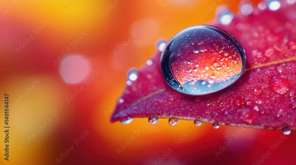 Poster Macro view captures reflection of Earth in dew drop on leaf with vibrant colors in background