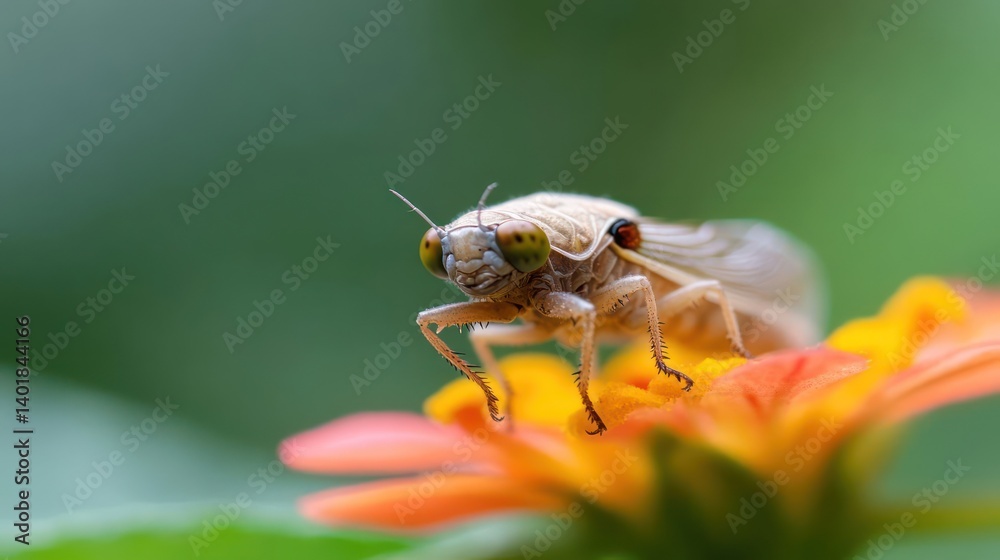 Poster macro photograph shows a small, cream-colored insect with patterned eyes perched on a vibrant orange