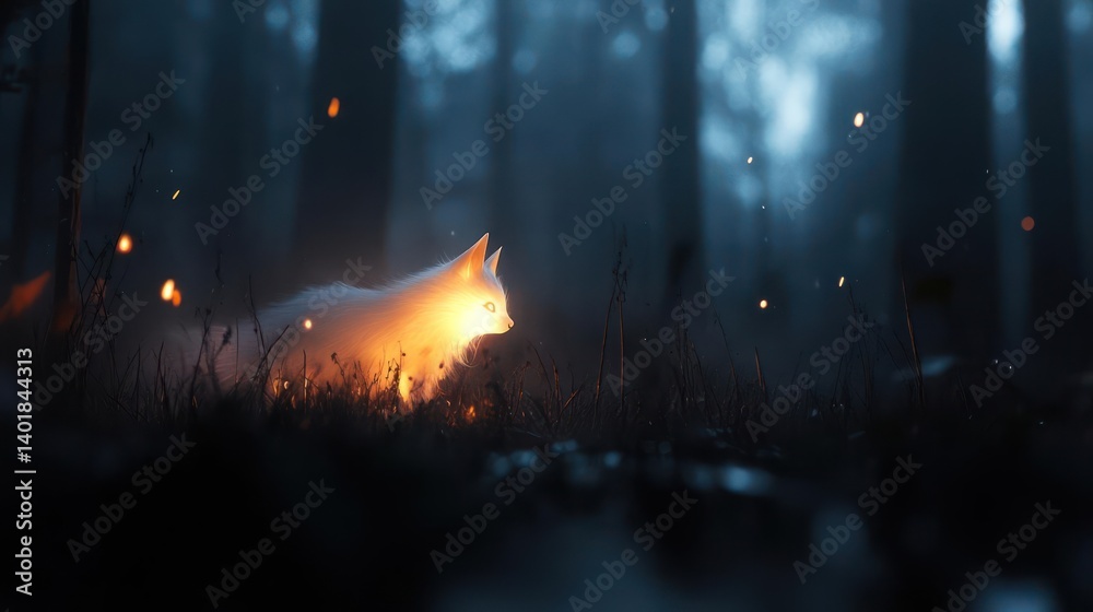 Poster abstract digital art depicting a glowing fox-like shape amidst a dark forest. the ethereal, pixelate
