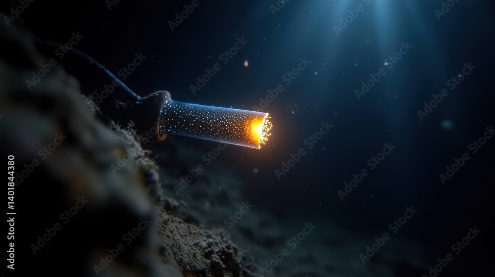 Poster a close-up shot showcases an underwater cable with illuminated orange light emanating from its end. 