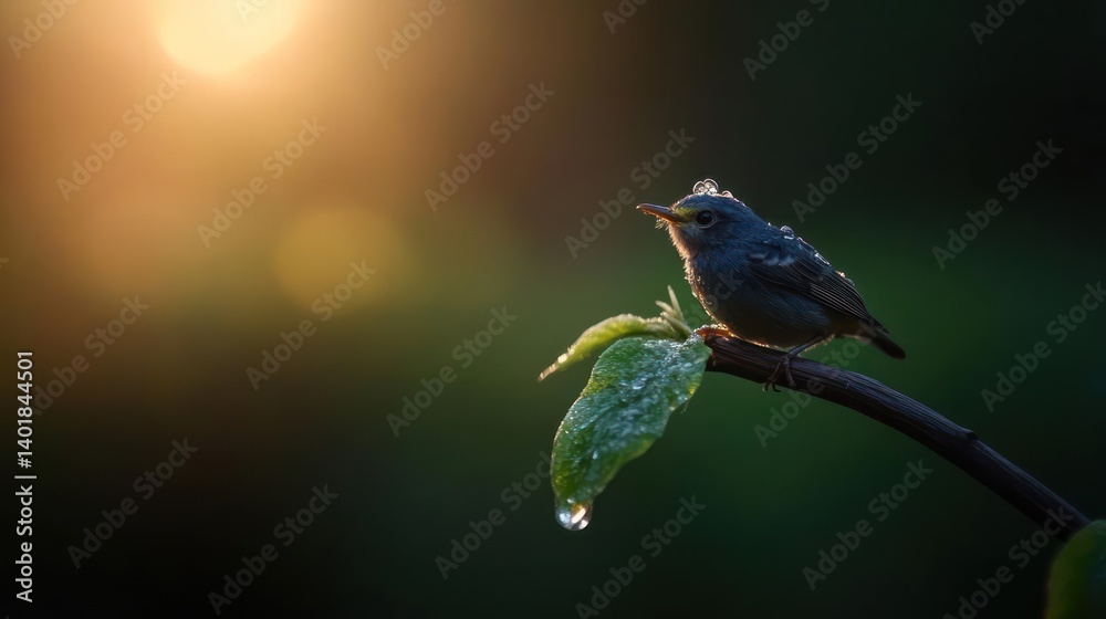 Poster a small, gray bird with droplets on its plumage sits perched on a dew-covered leaf against a soft-fo