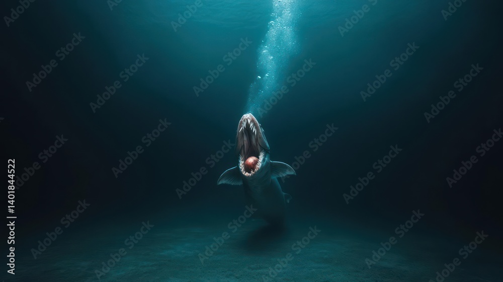 Poster underwater view of an alligator swimming upwards towards the surface, mouth open, releasing bubbles.