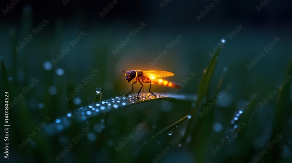 Aufkleber close-up of an illuminated fly perched on a blade of grass covered in dew droplets, bathed in a soft