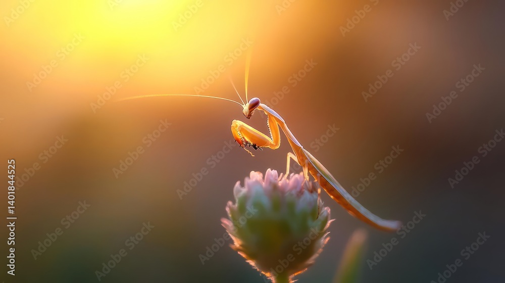 Aufkleber Close-up of a praying mantis on a flower bud, bathed in warm sunlight. The background is blurred, creating a soft bokeh effect. The mantis is detailed, showcasing its unique features against the