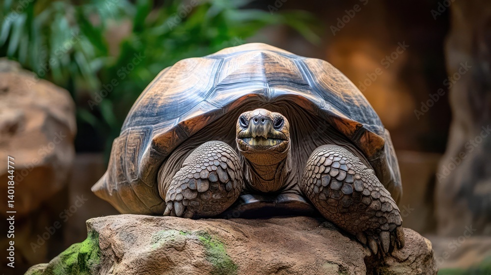 Poster close up shot of a tortoise with black and brown shell is standing on the mossy rock. the turtle's w