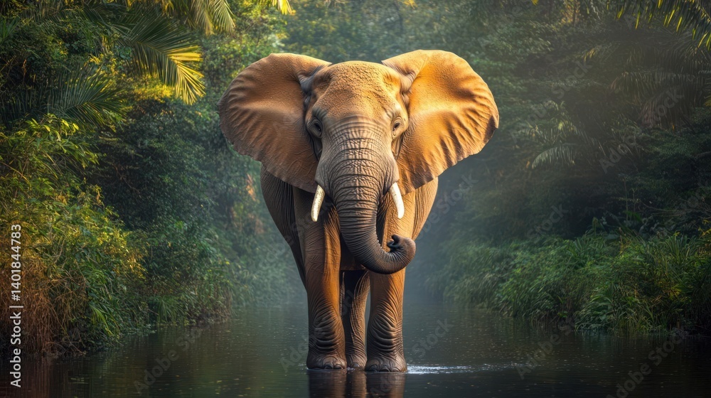 Poster a majestic elephant stands in shallow water, illuminated by soft light filtering through lush green 