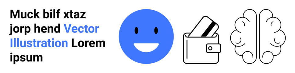 Bright blue happy face, an open wallet with cards, and a brain outline. Ideal for finance, cognitive sciences, psychology, emotions, creativity technology education. Landing page
