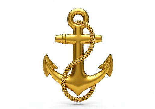 A shiny gold anchor with a rope wrapped around it isolated on a white background studio shot