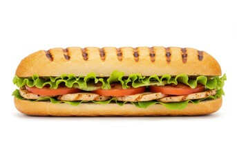 A long sandwich with grilled chicken tomato and lettuce on a white background in a studio shot