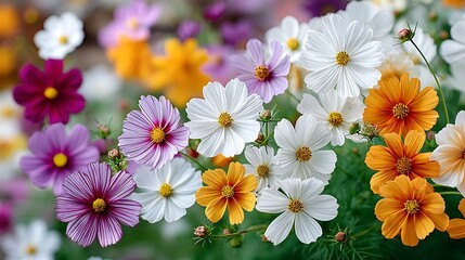 Fototapeta premium Close-Up of Vibrant Cosmos Flowers in a Sunny Garden Setting