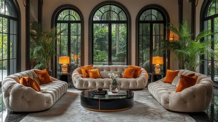 Luxurious Living Room Interior Design with Beige Sofas and Tropical Views