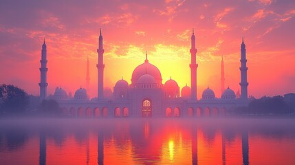 Fototapeta premium Majestic Mosque at Sunrise: A Serene Reflection