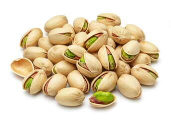 A scattered pile of pistachios with open shells revealing the green nuts on a white background surface