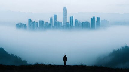 Person looks at skyline obscured by fog above trees in a valley.
