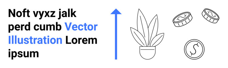 Potted plant symbolizing growth, upward arrow indicating progress, and coins representing financial success. Ideal for finance, business, investment, sustainability, economy, startups marketing flat