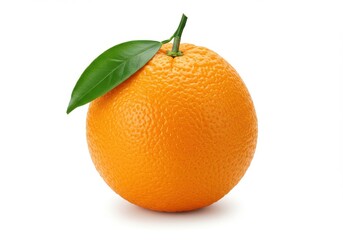A single orange with a green leaf attached to the stem on a plain white background studio shot