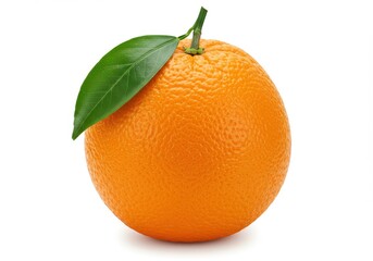 A single orange with a green leaf attached to the top on a plain white background in studio lighting