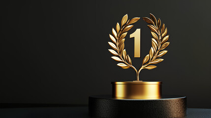 Golden one, 1st place, laurel wreath on podium. Success, victory concept. Champion award, best achievement. Ceremony prize, first place in competition, business sport contest