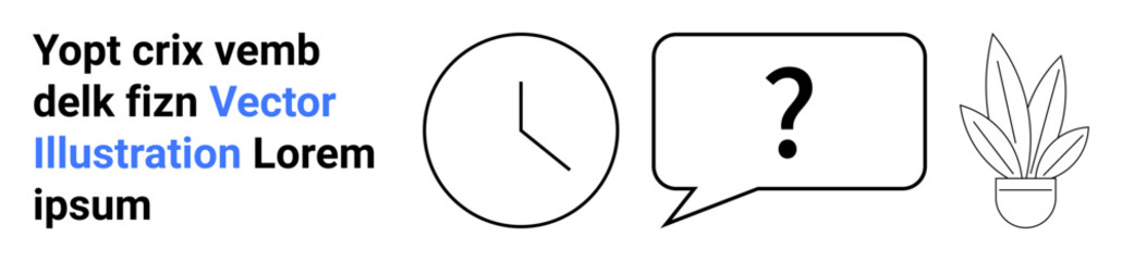 Clock, question in speech bubble, and potted plant symbolizing time, questions, nature, and communication. Ideal for time management, decision-making problem-solving. Flat landing page banner