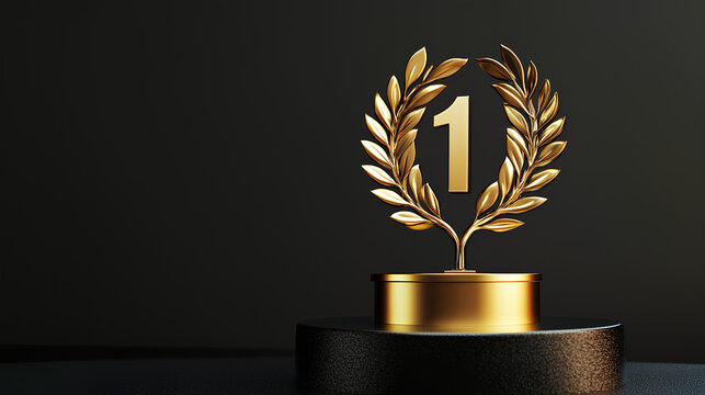 Golden one, 1st place, laurel wreath on podium. Success, victory concept. Champion award, best achievement. Ceremony prize, first place in competition, business sport contest