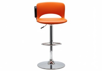 Isolated image of an orange bar stool with chrome base and black arm rest on a white background