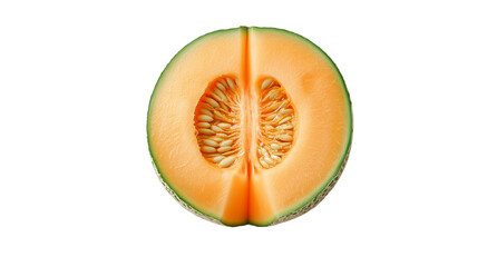 Fresh halved cantaloupe melon with vibrant orange flesh and seeds, perfect for breakfast ads or fruit visuals, isolated PNG on white background for mockup