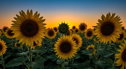 Fototapeta premium A vibrant sunflower field at sunset, with golden sunflowers 