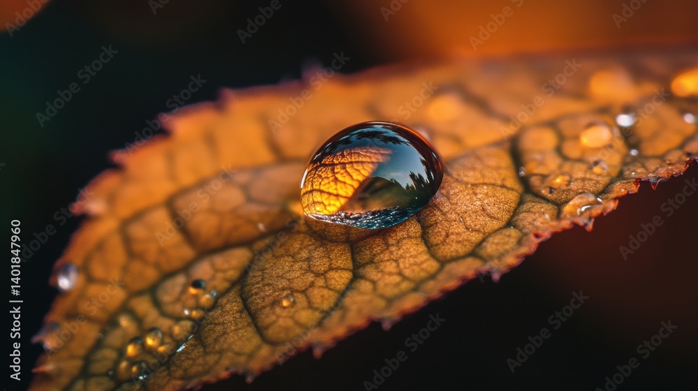 Aufkleber Macro view of planet Earth reflected in dew drop on leaf conveying natures beauty and fragility amidst the morning glow