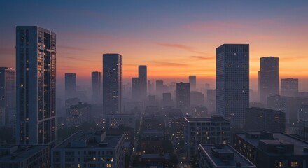 Obraz premium City Skyline at Sunrise with Fog and Colorful Sky
