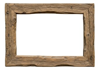 A rustic wooden frame with a clear white background and visible wood grain texture and nail holes