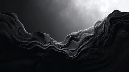 An abstract, monochromatic landscape featuring flowing lines and textures, evoking a sense of depth and movement in a dramatic, minimalist style.