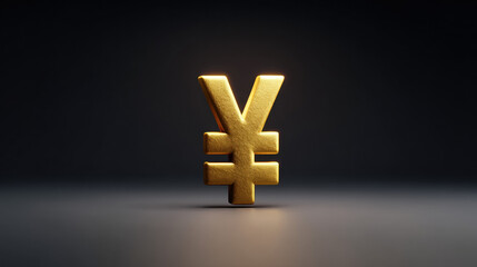 A shiny gold yen symbol stands prominently against a dark background, representing currency and finance in a modern context.