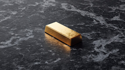 A shiny gold bar rests on a dark, textured surface, reflecting light and showcasing its luxurious appeal.