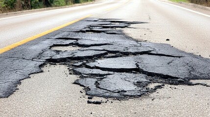 Damaged asphalt road surface.  Cracked, broken pavement